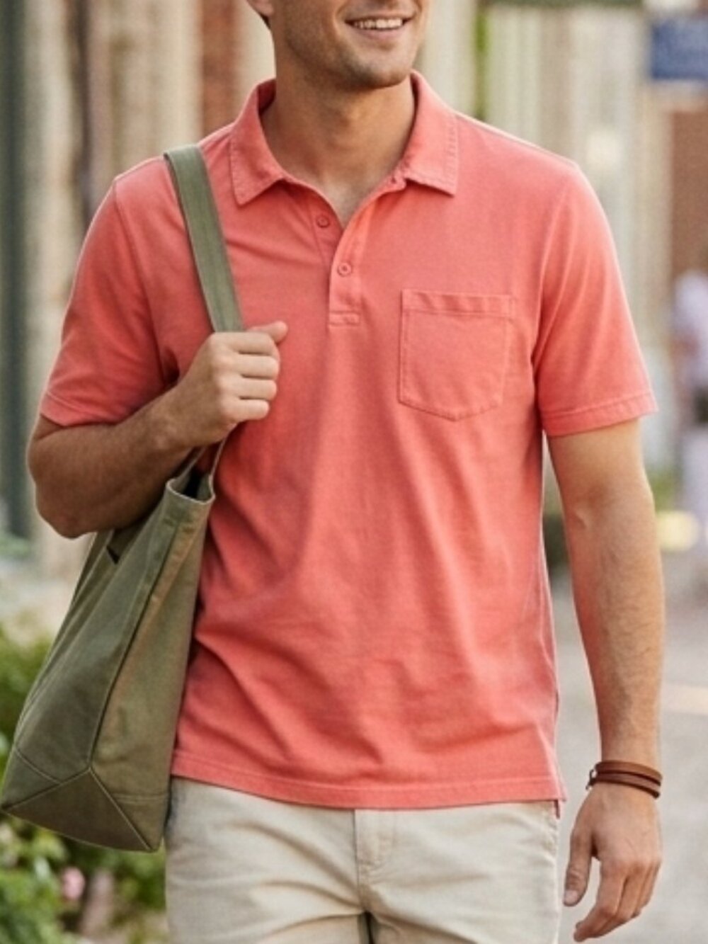 L.L. Bean Lakewashed Pocket Polo Men's Coral Salmon Pink Short Sleeve Size M